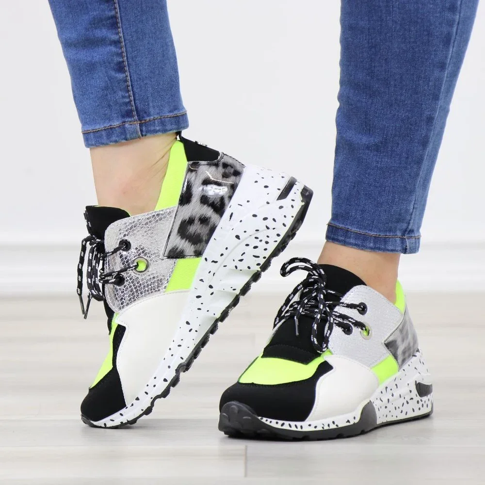 White Neon Animal Print Fashion Comfort Wedge Heel Sneakers Shoes - Picture 1 of 11